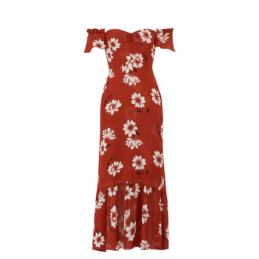 Reformation Rust Red Floral Off-Shoulder Midi Dress